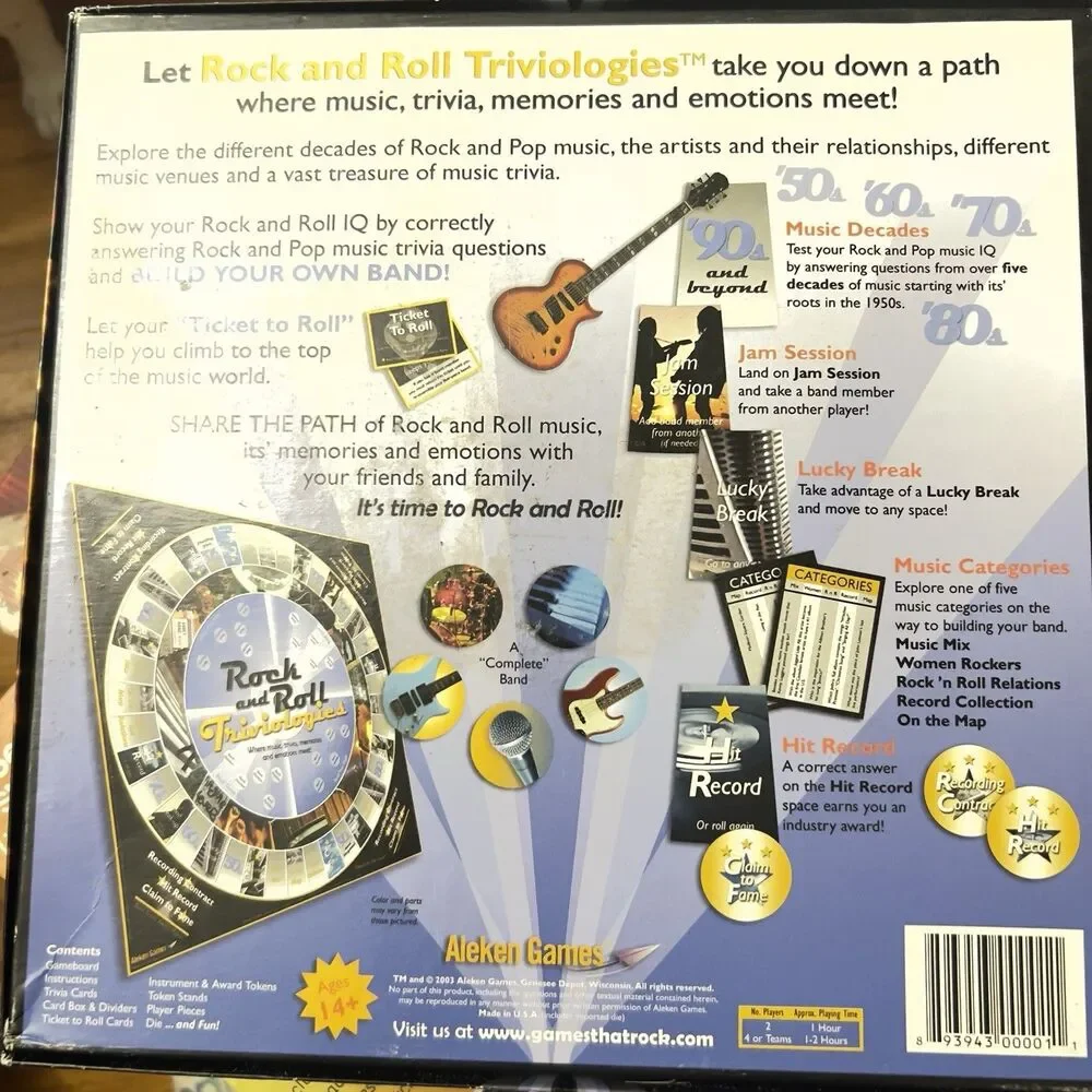VTG Rock & Roll Triviologies Music Trivia Aleken Complete Board Game 2003